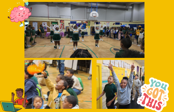  Young students, including cheerleaders, participate in pep rally